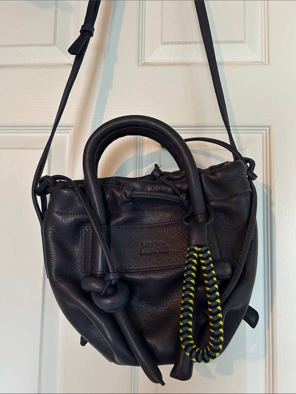 Mecha Mendez Navy Blue Leather Crossbody Satchel with Braided Accent